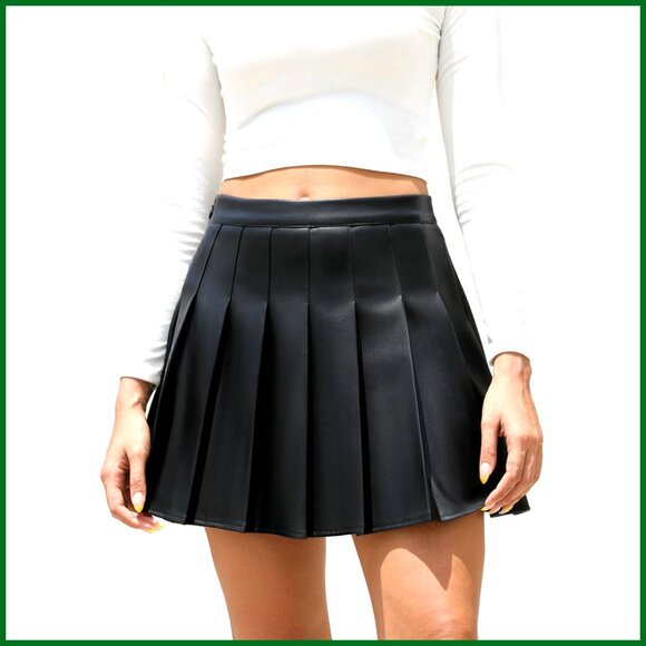Faux Leather High Waisted A-Line Mini Skirt Pleated Skater Style